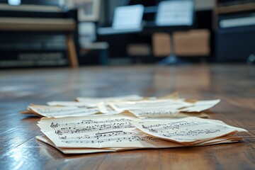 Discarded sheet music laying on the floor of a music studio, evoking feelings of unfinished...