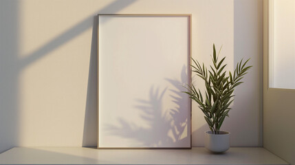 Modern living room featuring a framed blank poster on a wall. Frame mockup.