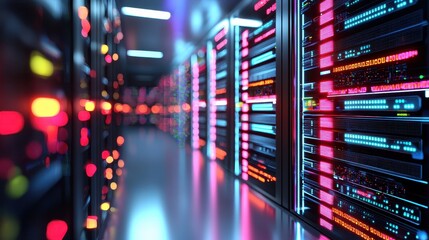 Obraz premium Colorful Data Center with Server Racks and Light Displays