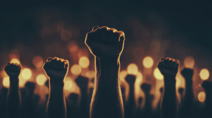 powerful protest scene with diverse crowd raising fists in solidarity, illuminated by warm lights, creating sense of unity and strength