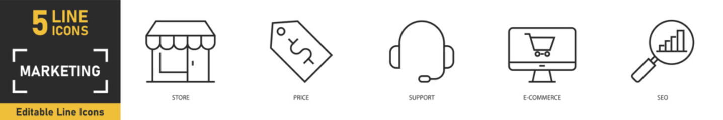 Fototapeta premium Marketing line icon set. Set of 5 outline icons related to store, price, support, e commerce, seo and more. Vector illustration.
