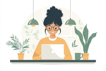 Young woman working from home using laptop, enjoying cozy workspace with plants and warm lighting