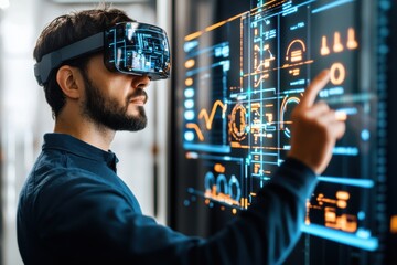 Futuristic Man Using Virtual Reality Headset with Digital Interface