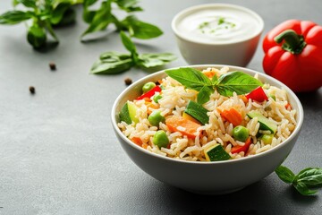 Fresh Vegetable Fried Rice in Bowl with Sauce and Ingredients