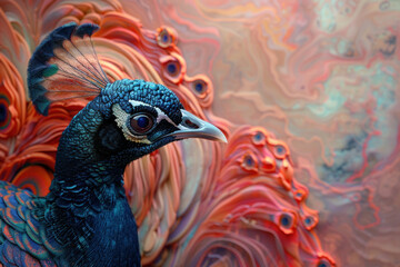Obraz premium peacock's head in close view. In focus is the bird's deep reddish-orange eye, edged with distinct blue-black feathers patterned in gold and orange