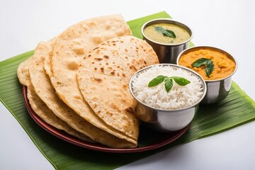 Delicious Indian Cuisine with Rice, Flatbread and Lentil Curry