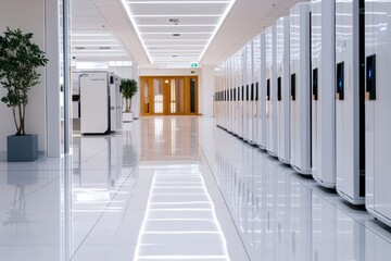 Modern Data Center Aisle with White Server Racks and Bright Lights