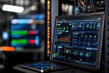 Modern Server Room with Data Monitoring Screens and Equipment