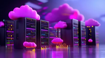Futuristic Data Center with Colorful Clouds and Digital Elements