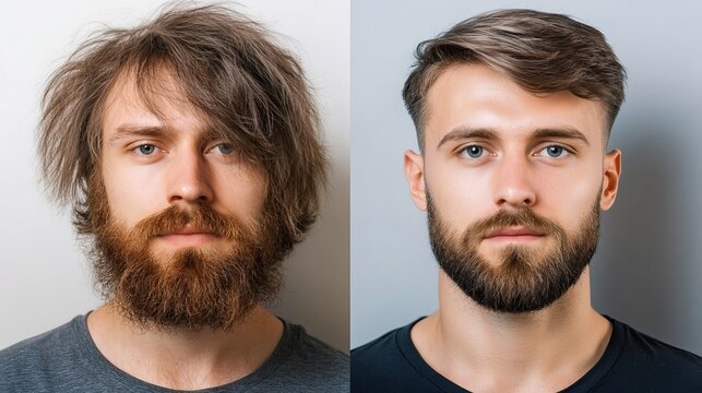 A before-and-after transformation of a Caucasian male with long, unkempt hair and beard on the left, versus a polished look on the right., contrast of hair style, comparison