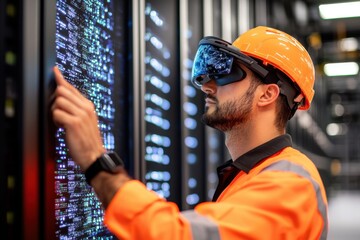 Engineer Using Augmented Reality in Data Center for Maintenance Tasks
