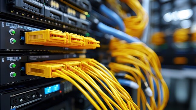 Yellow Network Cables Connected to Servers in Data Center Rack - Powered by Adobe