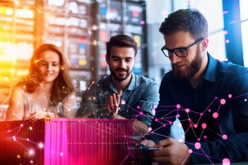 Young Professionals Collaborating on Project with Digital Interface