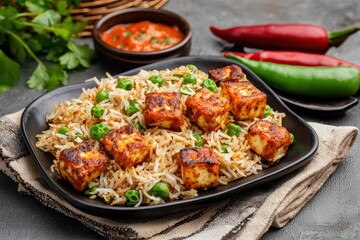 Spicy Paneer Rice with Fresh Vegetables and Accompanying Sauce