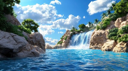 Obraz premium Serene Tropical Paradise with Clear Waterfall and Blue Sky