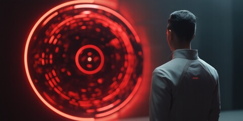A man is looking at a red circle on a screen. The circle is surrounded by a red glow and he is a portal or a gateway. The man seems to be intrigued or curious about what lies beyond the circle