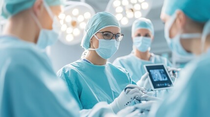 A group of surgeons collaborate in a modern operating room, demonstrating precision and teamwork during a surgical procedure.