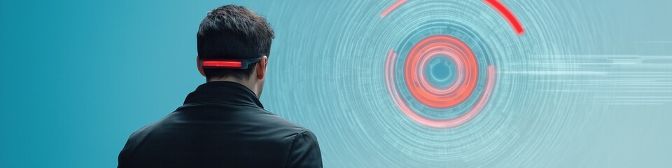 A man is looking at a circle with red and blue colors. The circle is blurry and has a red and blue center