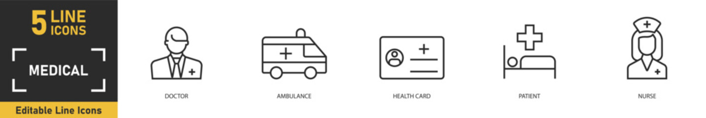 Medical line icon set. Set of 5 outline icons related to doctor, ambulance, health card, patient, nurse and more. Vector illustration.