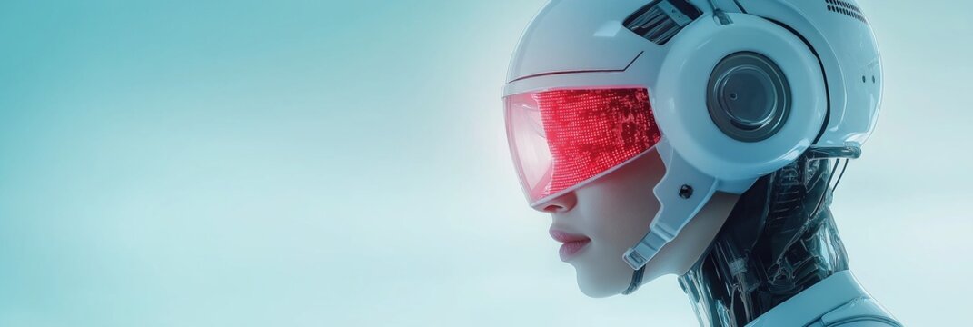 A woman wearing a futuristic helmet with red goggles stands in front of a blue background. The helmet and goggles give off a sense of advanced technology and futuristic fashion