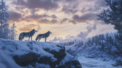 A wolf pack standing on a snowy ridge overlooking a frozen valley with snow-draped trees and a cloudy winter sky
