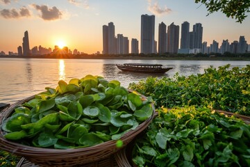 Fototapeta premium Vibrant Sunset Over City Skyline with Fresh Green Herbs in Basket