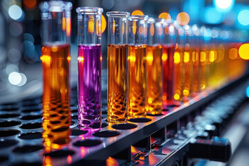 a row of glass test tubes with multi-colored solutions installed in a holder.