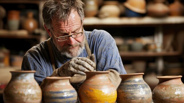 Dedicated Potter Working on Restoring Classic Ceramic Designs in a Studio Setting