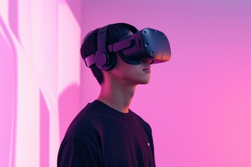 A man wearing a black shirt and black headphones is looking at a screen. Concept of immersion and excitement, as the man is fully engaged in the virtual reality experience