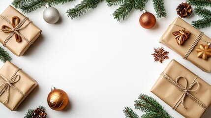 a photostock of a  Festive holiday gifts wrapped in rustic kraft paper, adorned with twine and pine sprigs, create a cozy Christmas atmosphere on white background