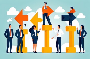 Teamwork to solve business problem, cooperation or collaboration in company to achieve business success concept, businessmen and women, colleagues help put solution arrow on question mark problem sign