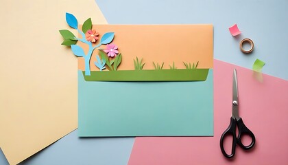 Simple yet creative paper art design featuring greeting card and scissors.