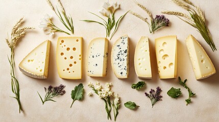 Swiss cheeses arranged on a beige limbo background, surrounded by fresh green grass, wheat stems, and wildflowers to evoke a natural environment.