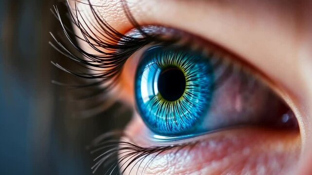 Closeup side view of blue human eye blinking