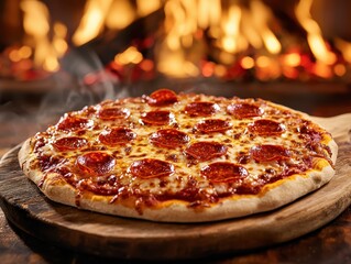 Delicious pepperoni pizza freshly baked in a rustic kitchen with a cozy fireplace ambiance food photography warm setting culinary delight
