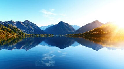 Naklejka premium Serene Landscape of Mountain Reflections in Clear Blue Lake
