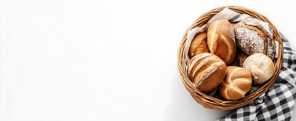 Many different European sourdough bread on checkered cloth in round picnic bamboo basket white background