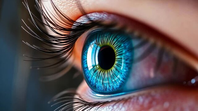 Zooming into a blue human eye from the side