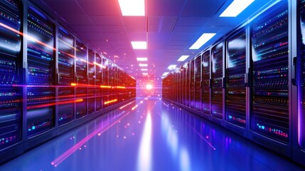 Futuristic Data Center with Vibrant Lights and Optical Effects