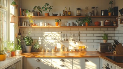 Sunlit kitchen with wooden shelves, plants, and white subway tiles.