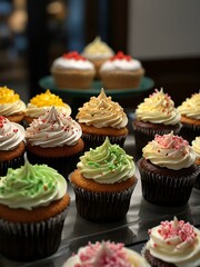 Cupcakes on display in a bakery.