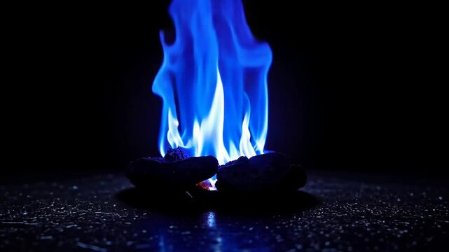 Backward dolly camera movement showing blue fire flames burning in a stone circle