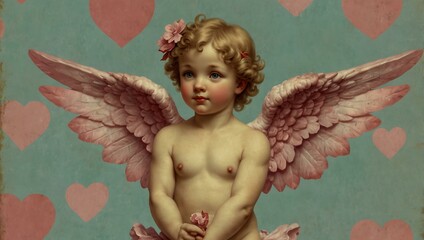Fototapeta premium Cupid with wings, bow, and hearts on pastel.