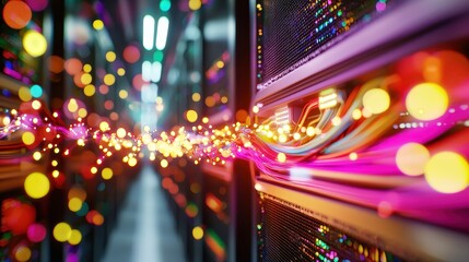 Colorful Lights and Cables in a Server Room with Data Flow