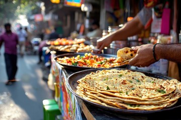Fototapeta premium Freshly Made Indian Flatbread Served at Street Food Stall in India