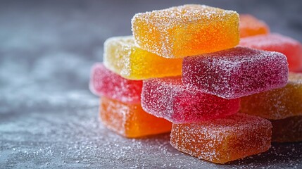 Stacked Colorful Fruit Gummies with Glossy Texture and Bright Hues on White Background