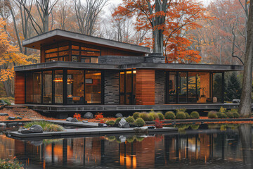 Obraz premium modern house with large glass windows, surrounded by autumn forest. 