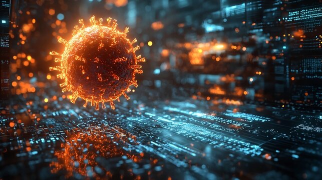 Glowing 3D Rendered Virus with Spiked Proteins in Digital Space with Molecular Structures