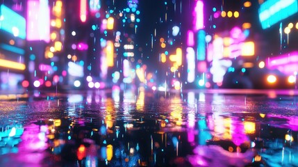 Fototapeta premium Vibrant Cityscape With Reflections and Neon Lights in Rain