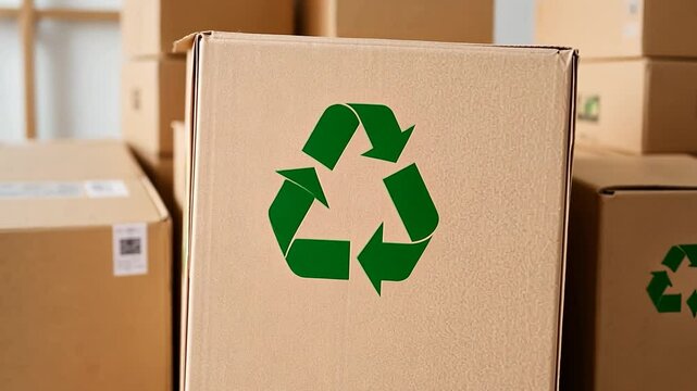 Sideways camera slider dolly movement showing cardboard box with green recycling symbol on it